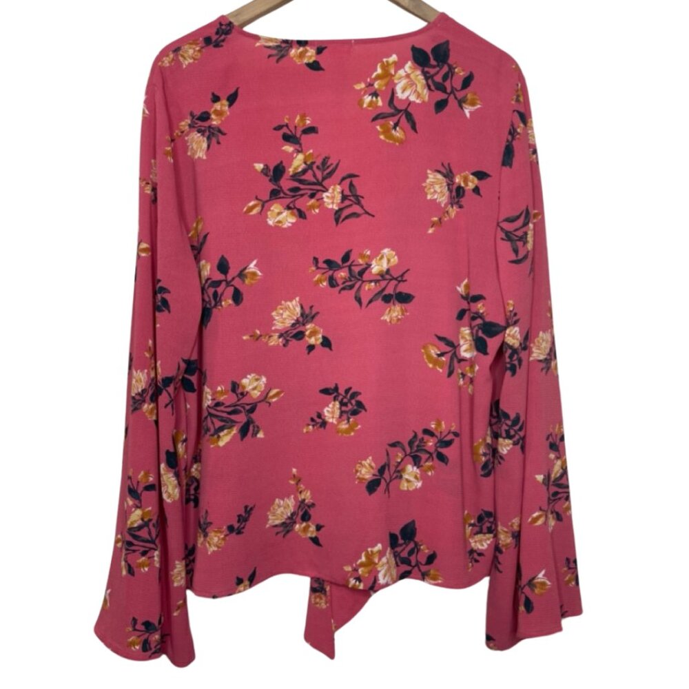 EYESHADOW | Women's Pink Bohemian Long Bell Sleeve Floral Blouse | Size XL - Picture 6 of 12